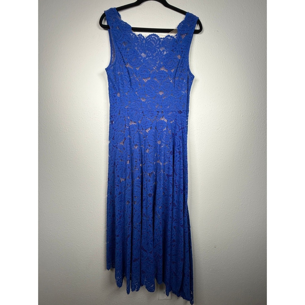 Tracy Reese Blue Floral Lace Handkerchief Hem Midi Dress Size 12 V-Back Royal
